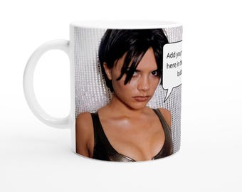 Victoria Beckham Mug Personalised Message in the speech bubble