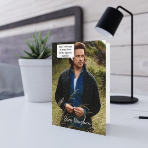 Anniversaire de Sam Heughan, carte de voeux personnalisée votre message dans une bulle de dialogue ou sur carte