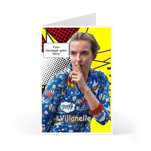 Jodie Comer Villanelle Geburtstagskarte, Grußkarte personalisiert Ihre Nachricht in Sprechblase oder auf Karte