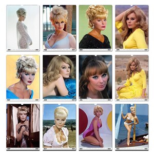 May include: A calendar featuring 12 images of a woman with different hairstyles and outfits. Each month is represented by a different image. The calendar is for the year 2025.