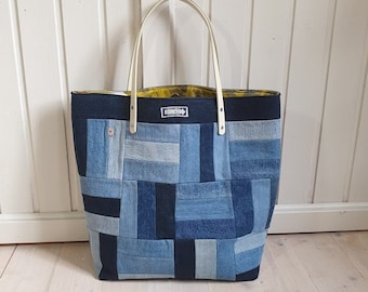 Einkaufstasche, Shopper, aus recyceltem Denim, Schultertasche, upcycling, sofort versandbereit, Unikat, Jeanstasche, Geschenke für Frauen