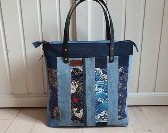 Einkaufstasche, Asiastyle, Shopper, aus recyceltem Denim, mit Zipper, Schultertasche, upcycling, sofort versandbereit, Unikat