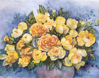 Aquarellbild "Rosenstrauß in gelb", Malerei, Kunst, Aquarell, Frühling
