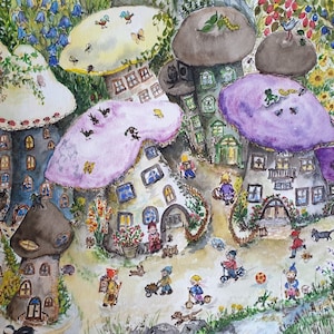 Aquarellbild "unter den Pilzdächern", Malerei, Kunst, Aquarell, Wimmelbild, Kinderzimmerdeko