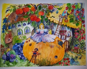 Aquarellbild "Kürbisprinzessin", Malerei, Kunst, Aquarell, Wimmelbild, Kinderzimmerdeko