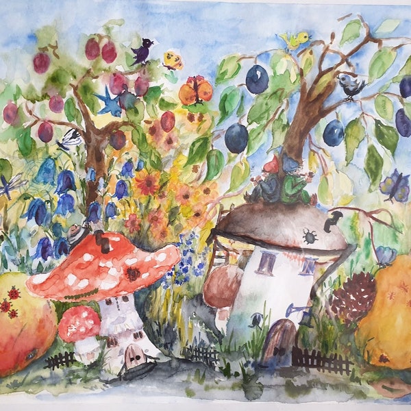 Aquarellbild "Wichtelpaar", Malerei, Kunst, Aquarell, Wimmelbild, Kinderbilder