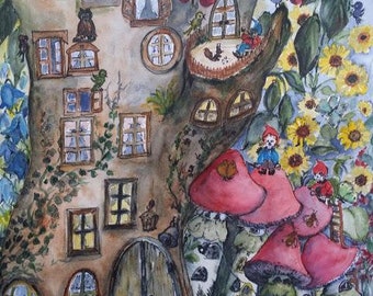 Aquarellbild "Baumhaus für Wichtel", Malerei, Kunst, Aquarell, Wimmelbild, Kinderzimmerdeko