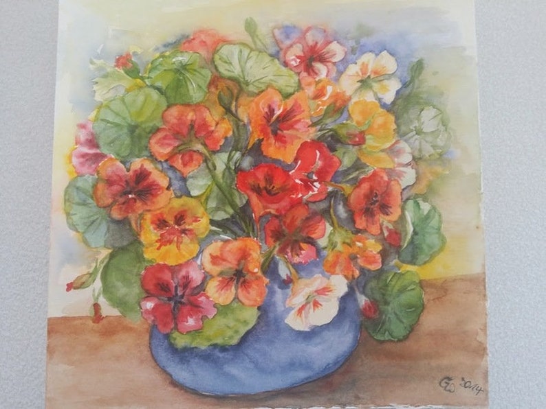 Watercolor painting Nasturtium, painting, art, watercolor, spring, Easter image 1