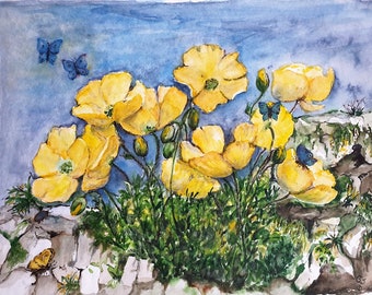 Aquarellbild "gelber Mohn", Malerei, Kunst, Aquarell, Frühling