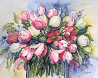 Aquarellbild "Tulpen", Malerei, Kunst, Aquarell, Frühling
