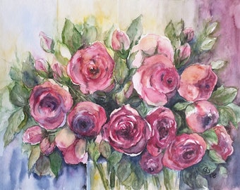 Aquarellbild "Rosenrot", Malerei, Kunst, Aquarell, Frühling