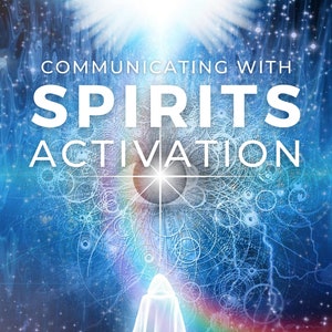 May include: A blue and white abstract background with a bright white star in the centre. The text "COMMUNICATING WITH SPIRITS ACTIVATION" is in white letters at the top of the image. A white figure with a hood is standing in the bottom centre of the image.