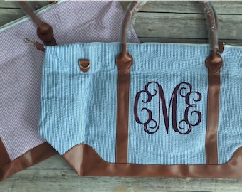 CLEARANCE Embroidered Seersucker Weekender Bag, Monogrammed Luggage, Oversize Weekend Bag with Initials, Personalized Duffle, Seersucker