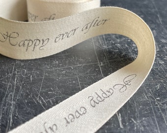 Cotton wedding ribbon with dark grey wording in a script font