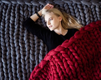 Chunky Knit Blanket - Made with 100% Organic Merino Wool, Mothers Day Gift