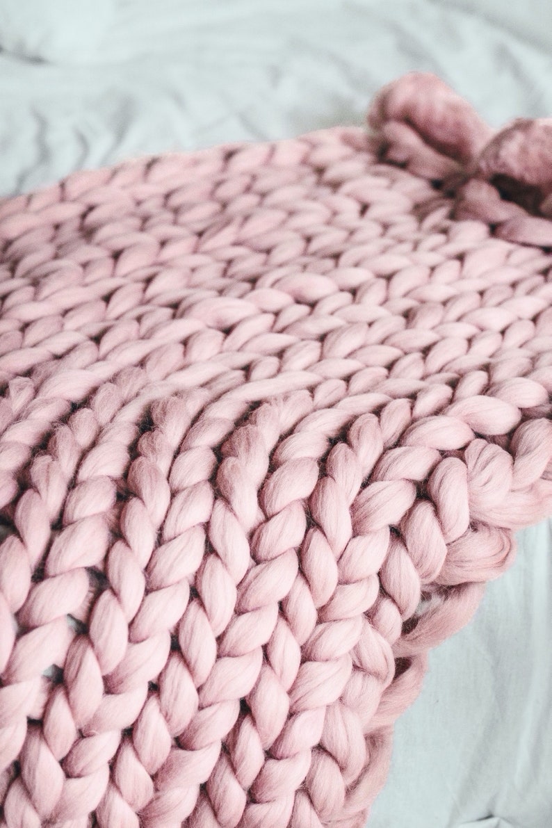 Merino blanket chunky knit throw blanket giant blanket knitted blanket pom pom chunky knit blanket pom pom blanket dusty pink