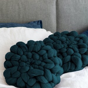 Bed throw pillows round pillows knitted pillows chunky knit merino wool cushions round throw pillow teal