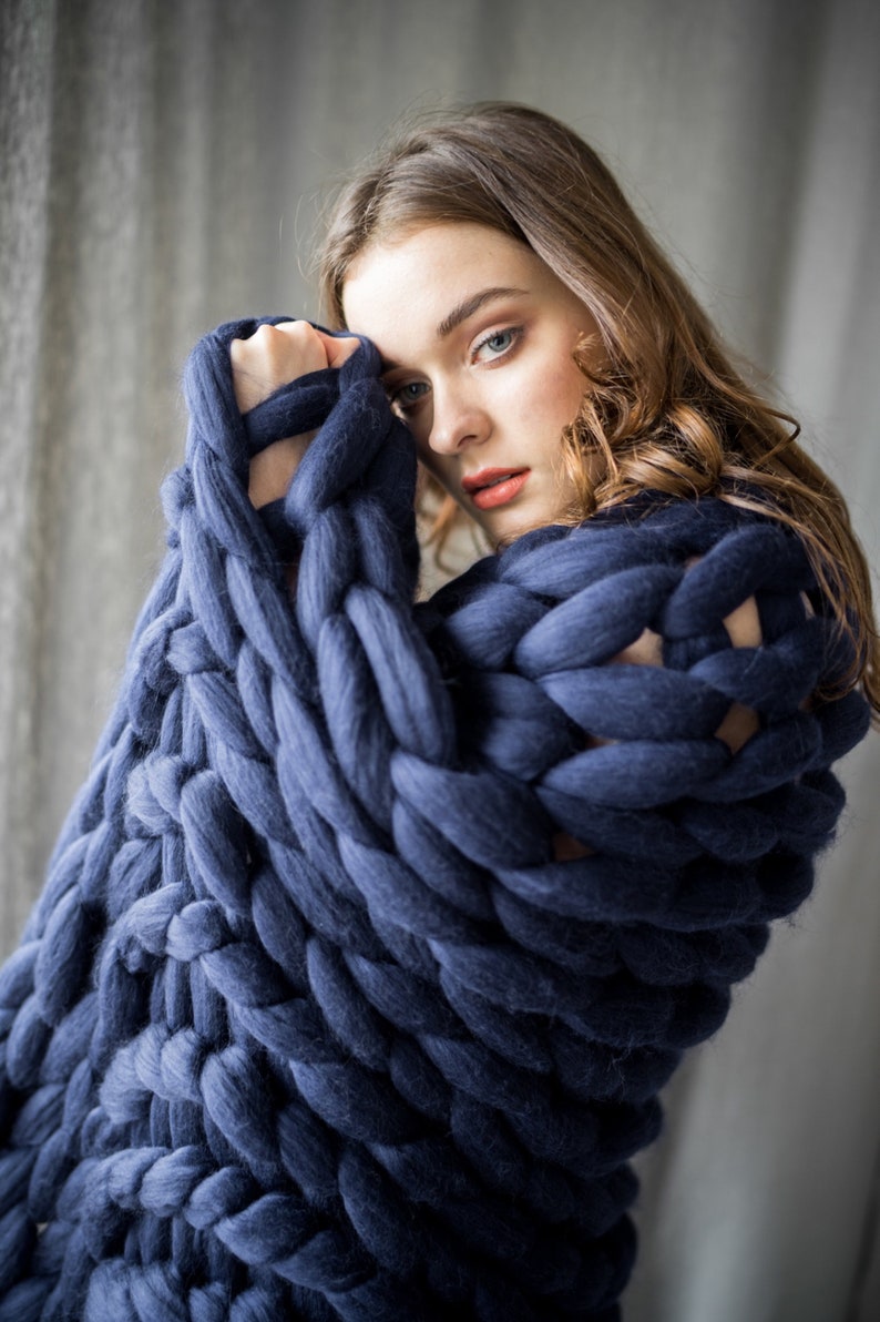 Merino blanket super chunky knit blanket navy blue