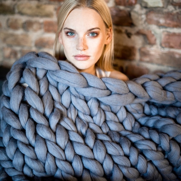 チャンキーニットブランケット、プレミアムメリノウールブランケット、チャンキーニットスロー、アームニットブランケット、チャンキーブランケット