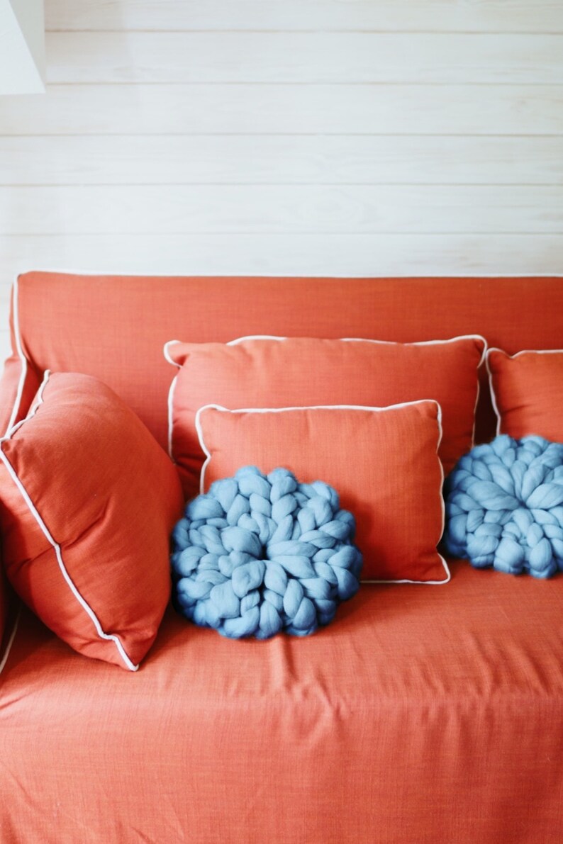 Sofa throw pillows super chunky merino wool round cushions round throw pillow sky blue