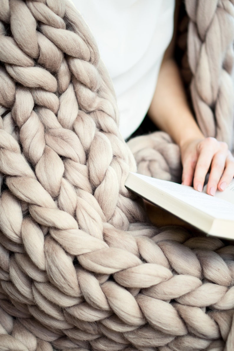Merino blanket chunky knit merino wool throw blanket knitted blanket beige