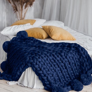 Merino blanket wool blanket chunky knit throw pom pom chunky knit blanket pom pom blanket navy blue