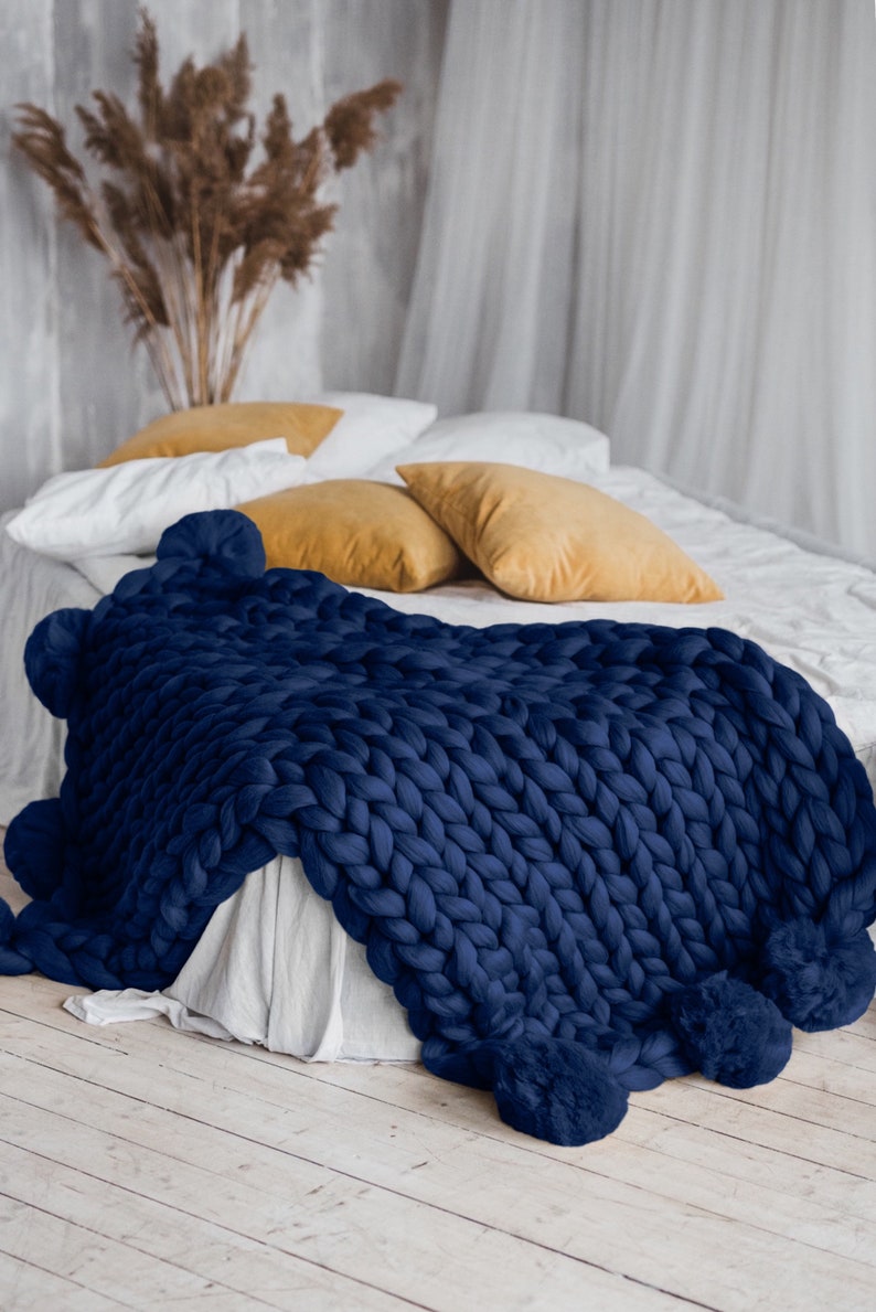 Merino blanket wool blanket chunky knit throw pom pom chunky knit blanket pom pom blanket navy blue