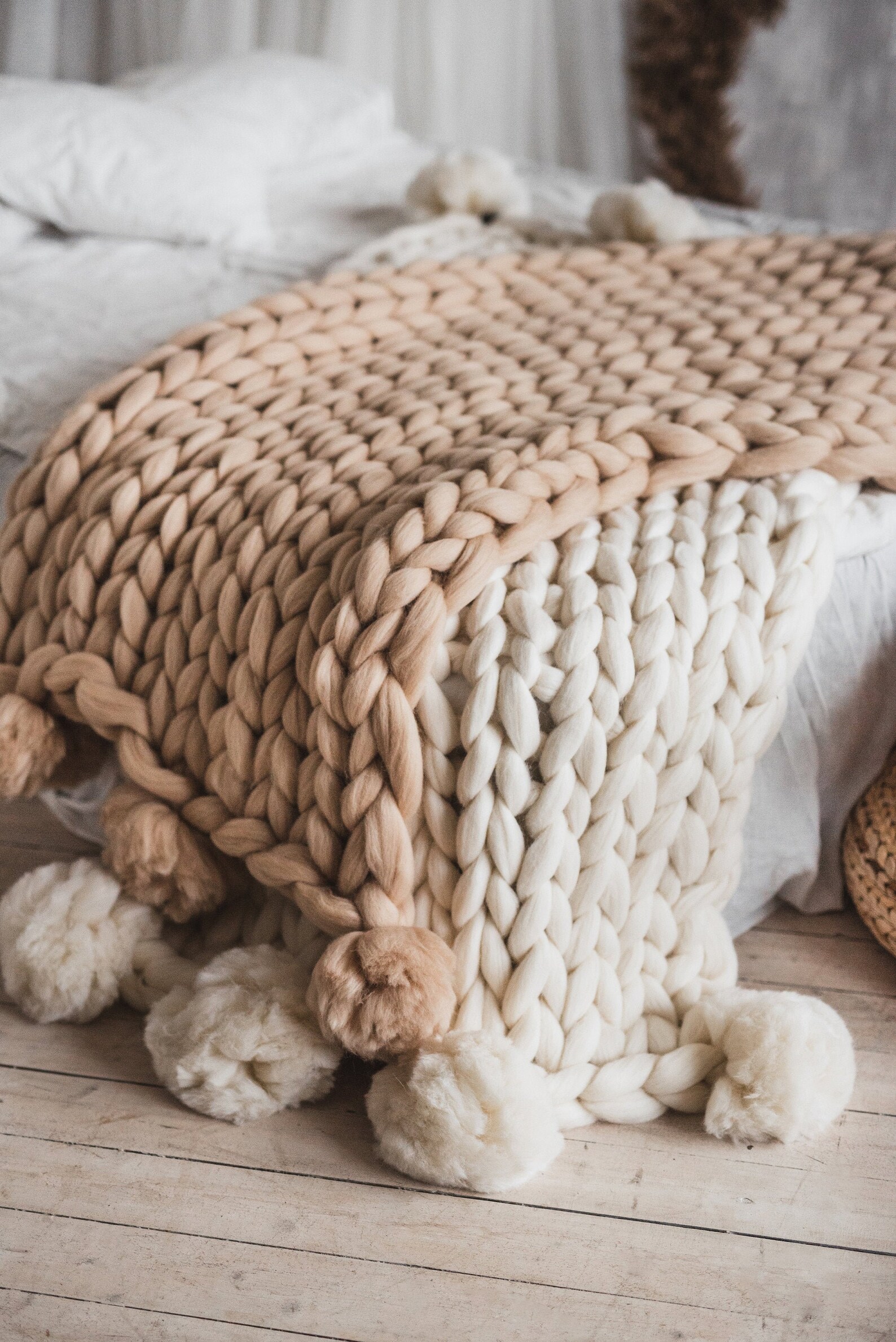 Pom Pom Blanket Chunky Knit Blanket Chunky Blanket Braided Etsy