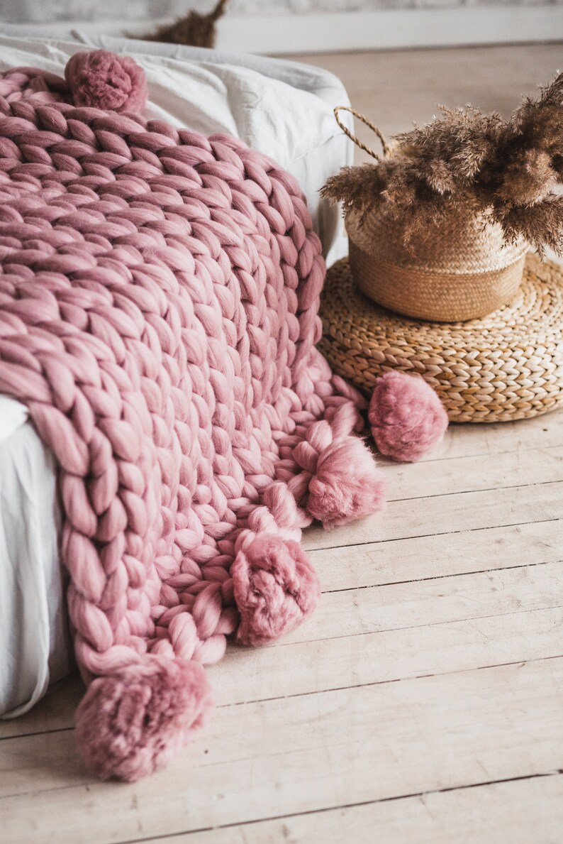Pom Pom Blanket Chunky Knit Blanket Boho Blanket Knitted Etsy