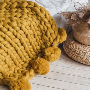 Merino blanket chunky knit throw blanket knitted blanket pom pom chunky knit blanket pom pom blanket mustard yellow