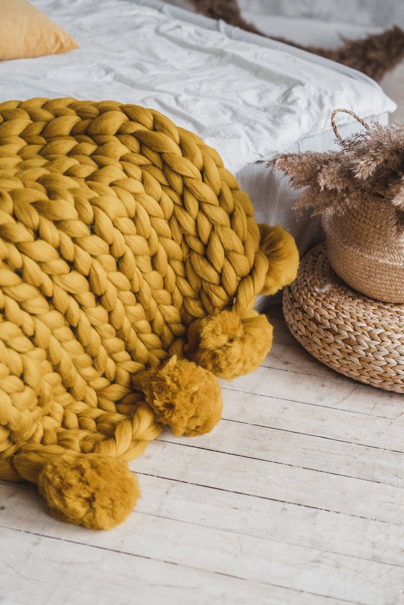 Merino blanket chunky knit throw blanket knitted blanket pom pom chunky knit blanket pom pom blanket mustard yellow