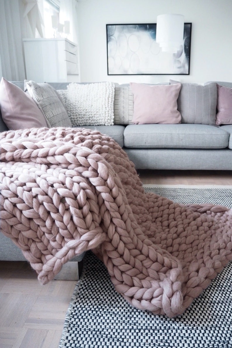 Merino blanket chunky knit blanket soft sofa throw wool blanket mauve