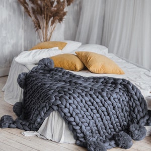 Merino blanket wool blanket chunky knit throw pom pom chunky knit blanket pom pom blanket graphite grey