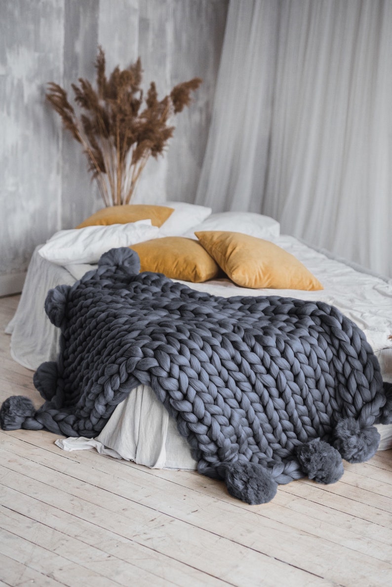 Merino blanket wool blanket chunky knit throw pom pom chunky knit blanket pom pom blanket graphite grey