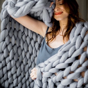 Merino blanket chunky wool blanket grey