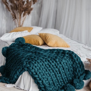 Merino blanket wool blanket chunky knit throw pom pom chunky knit blanket pom pom blanket teal