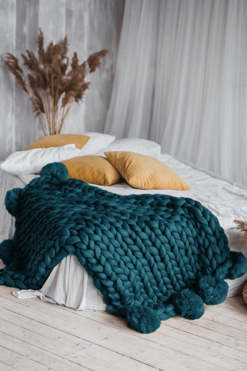 Merino blanket wool blanket chunky knit throw pom pom chunky knit blanket pom pom blanket teal