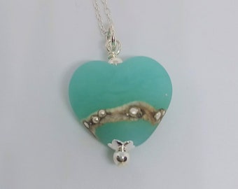 Light Teal Blue Lampwork Glass Heart Focal Bead Necklace on sterling silver chain, Glass Heart Pendant