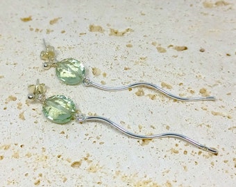 Green Amethyst Earrings, Sterling Silver Earrings, Prasiolite Earrings, Statement Earrings, Dangle Earrings, Silver Twist Earrings