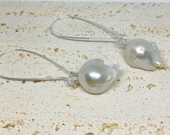 White Pearl Earrings, Baroque Pearl Earrings, Fireball Pearl Earrings, Statement Earrings, Long Pearl Earrings, Sterling Silver Earrings