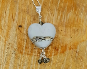 Grey Lampwork Glass Heart Focal Bead Necklace on sterling silver chain