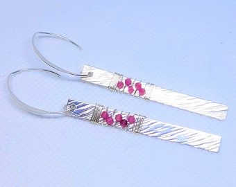 Pink Tourmaline Wire Wrapped Sterling Silver Bar Earrings