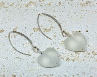 White Glass Heart Earrings, Lampwork Glass Heart Earrings,  Sterling Silver Earrings, Frosted Glass Hearts, Sterling Silver Heart Earrings