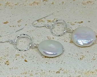 White Coin Pearl Earrings, Pearl and Silver Earrings, Sterling Silver Earrings, June Birthstone, Silver Ring, Twisted Ring Earrings