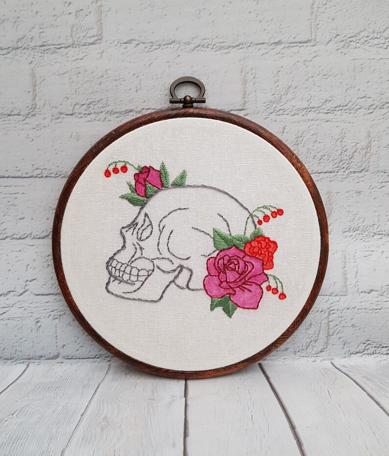 Floral Skull Embroidery Skull Wall Art Skull and Roses Etsy