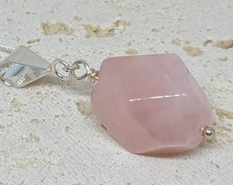 Rose Quartz Sterling Silver Pendant, Rose Quartz Necklace, Fiddle Jewellery, Rose Quartz Chunk Pendant, Rose Quartz Statement Necklace