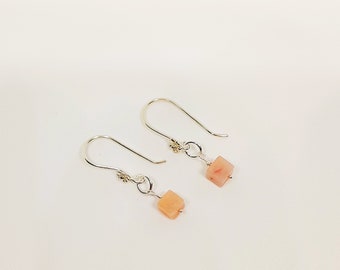 Pink Opal Gemstone Cube Hand Beaded Sterling Silver Earrings