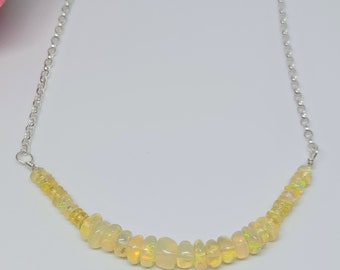 Genuine Opal Sterling Silver Bar Necklace - White Opal Pendant