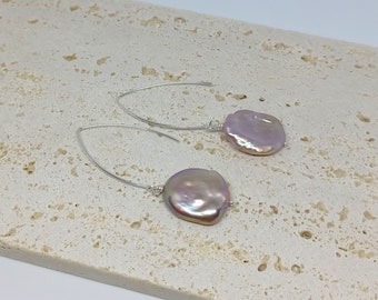 Lilac Coin Pearl Earrings with Sterling Silver Shaped Earwires, Purple Pearl Earrings, Silver Pearl Earrings, Sterling Silver Earrings