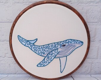 Blue Whale Embroidery Hoop Art: Hand-stitched Silk Ocean Decor